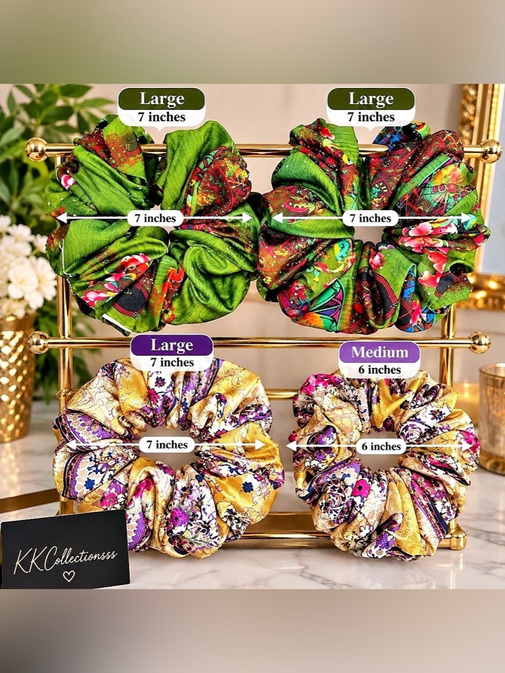 KKCollections Floral Scrunchie Set Green & Gold NWT (4 sets)